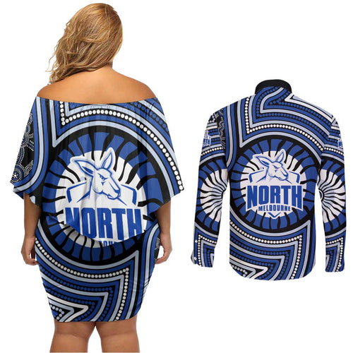 North Melbourne Kangaroos Couples Matching Off Shoulder Short Dress and Long Sleeve Button Shirt Indigenous Monochrome Dot Art Mascot Style
