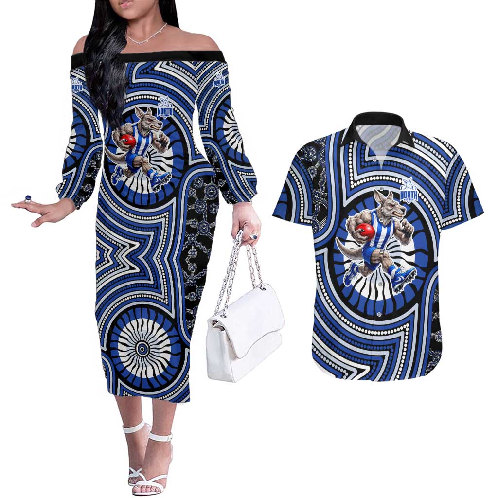 North Melbourne Kangaroos Couples Matching Off The Shoulder Long Sleeve Dress and Hawaiian Shirt Indigenous Monochrome Dot Art Mascot Style