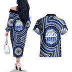 North Melbourne Kangaroos Couples Matching Off The Shoulder Long Sleeve Dress and Hawaiian Shirt Indigenous Monochrome Dot Art Mascot Style