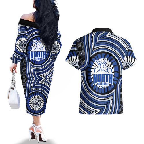 North Melbourne Kangaroos Couples Matching Off The Shoulder Long Sleeve Dress and Hawaiian Shirt Indigenous Monochrome Dot Art Mascot Style