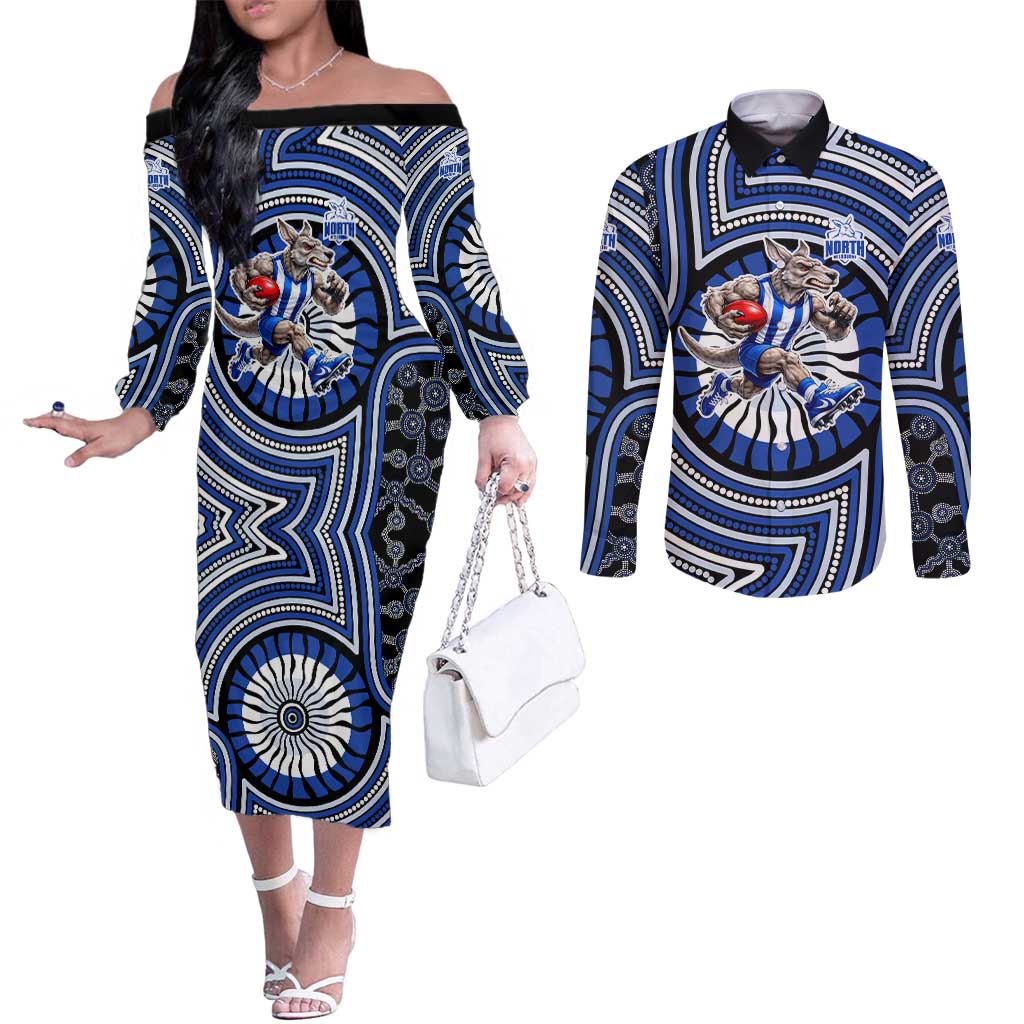 North Melbourne Kangaroos Couples Matching Off The Shoulder Long Sleeve Dress and Long Sleeve Button Shirt Indigenous Monochrome Dot Art Mascot Style