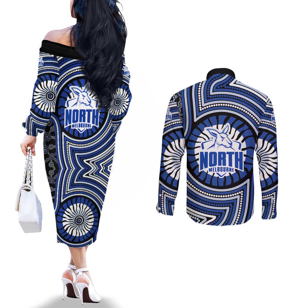 North Melbourne Kangaroos Couples Matching Off The Shoulder Long Sleeve Dress and Long Sleeve Button Shirt Indigenous Monochrome Dot Art Mascot Style