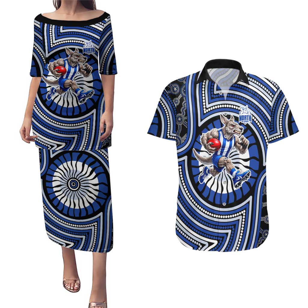 North Melbourne Kangaroos Couples Matching Puletasi and Hawaiian Shirt Indigenous Monochrome Dot Art Mascot Style