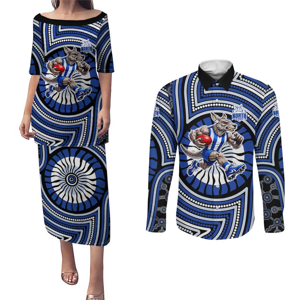 North Melbourne Kangaroos Couples Matching Puletasi and Long Sleeve Button Shirt Indigenous Monochrome Dot Art Mascot Style