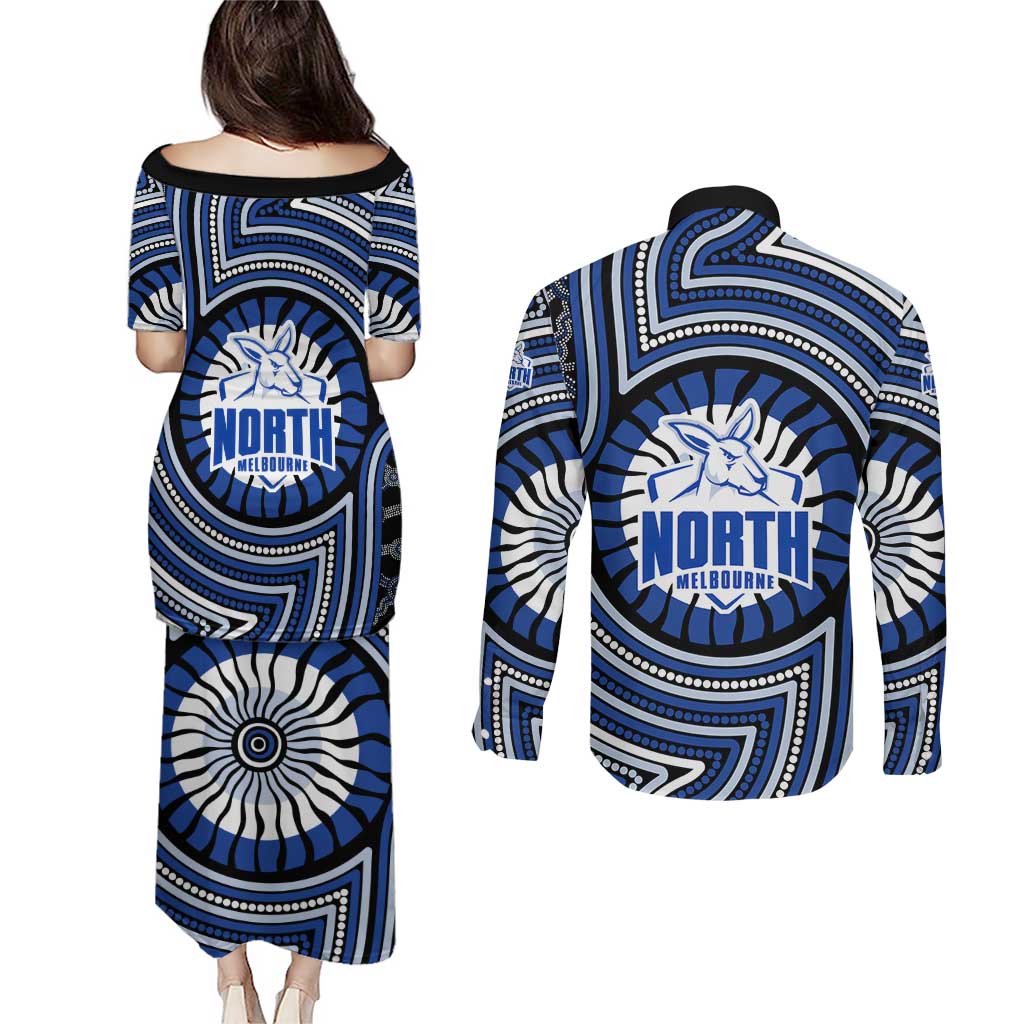 North Melbourne Kangaroos Couples Matching Puletasi and Long Sleeve Button Shirt Indigenous Monochrome Dot Art Mascot Style