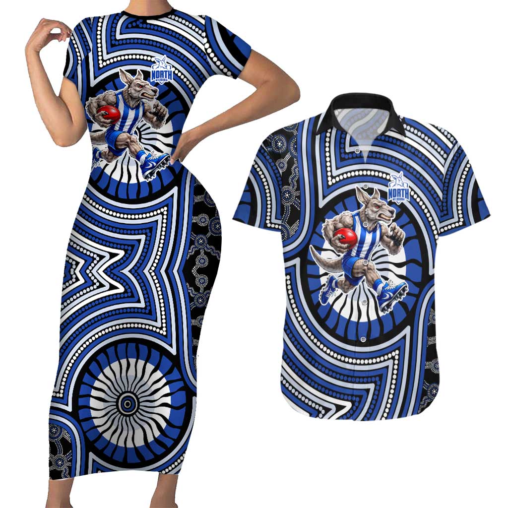 North Melbourne Kangaroos Couples Matching Short Sleeve Bodycon Dress and Hawaiian Shirt Indigenous Monochrome Dot Art Mascot Style