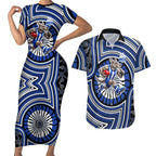 North Melbourne Kangaroos Couples Matching Short Sleeve Bodycon Dress and Hawaiian Shirt Indigenous Monochrome Dot Art Mascot Style