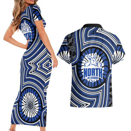 North Melbourne Kangaroos Couples Matching Short Sleeve Bodycon Dress and Hawaiian Shirt Indigenous Monochrome Dot Art Mascot Style