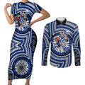 North Melbourne Kangaroos Couples Matching Short Sleeve Bodycon Dress and Long Sleeve Button Shirt Indigenous Monochrome Dot Art Mascot Style