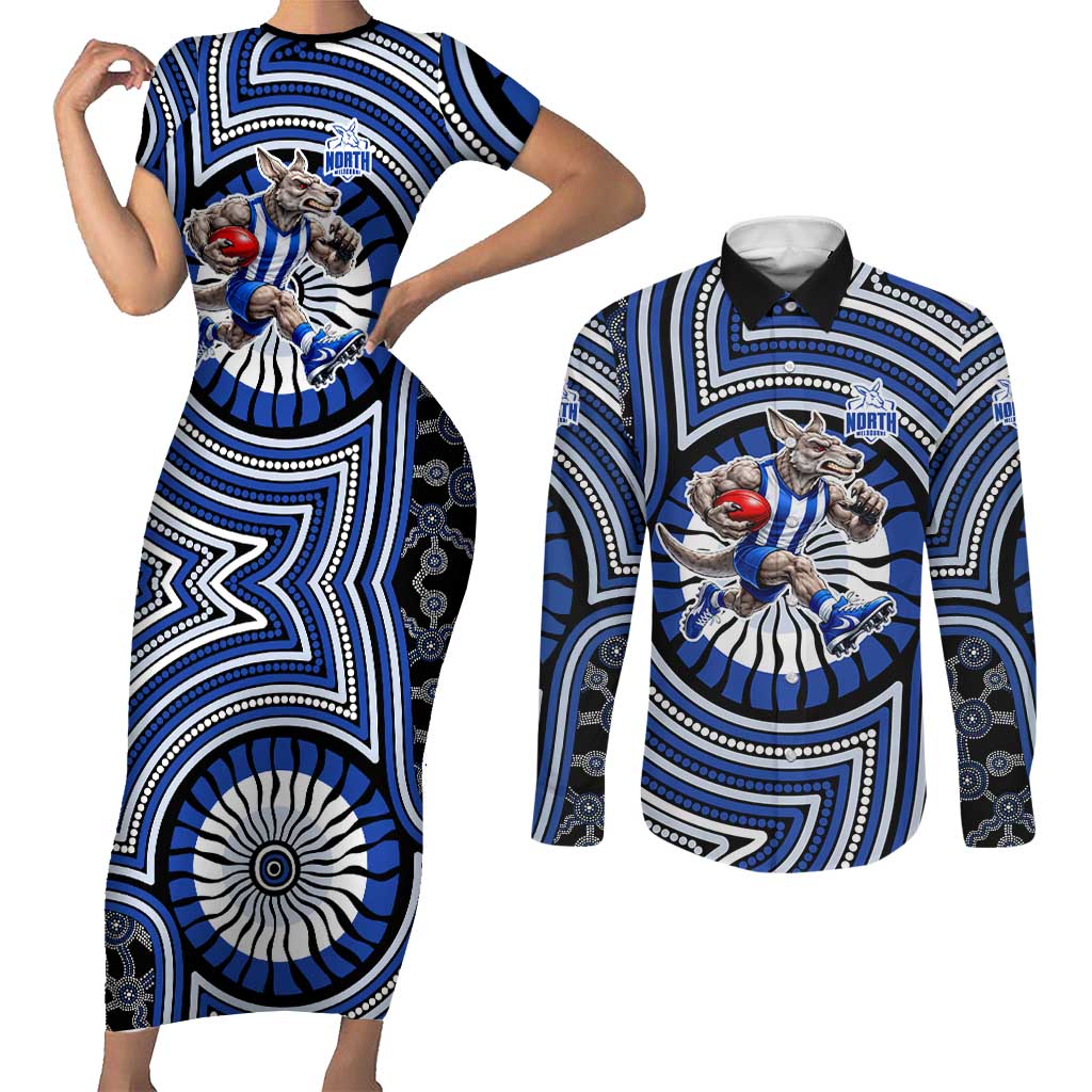 North Melbourne Kangaroos Couples Matching Short Sleeve Bodycon Dress and Long Sleeve Button Shirt Indigenous Monochrome Dot Art Mascot Style