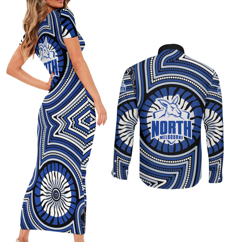 North Melbourne Kangaroos Couples Matching Short Sleeve Bodycon Dress and Long Sleeve Button Shirt Indigenous Monochrome Dot Art Mascot Style