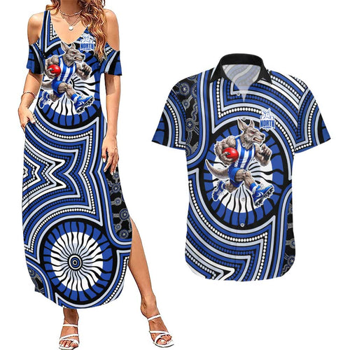 North Melbourne Kangaroos Couples Matching Summer Maxi Dress and Hawaiian Shirt Indigenous Monochrome Dot Art Mascot Style