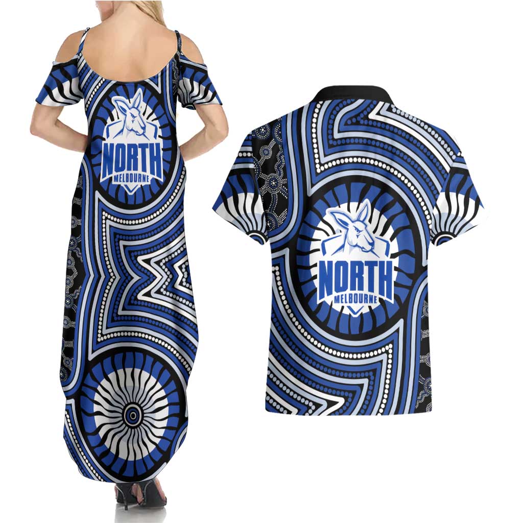 North Melbourne Kangaroos Couples Matching Summer Maxi Dress and Hawaiian Shirt Indigenous Monochrome Dot Art Mascot Style