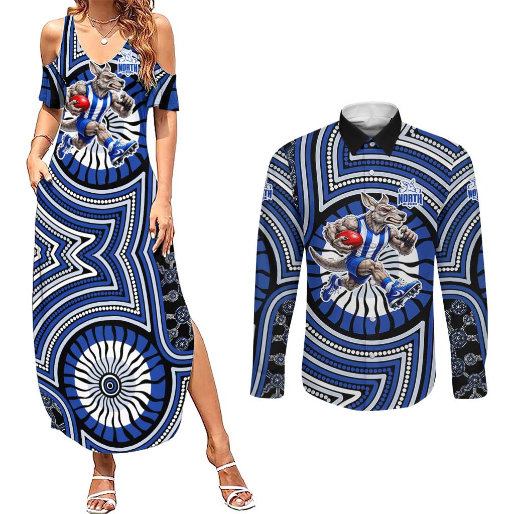 North Melbourne Kangaroos Couples Matching Summer Maxi Dress and Long Sleeve Button Shirt Indigenous Monochrome Dot Art Mascot Style