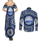 North Melbourne Kangaroos Couples Matching Summer Maxi Dress and Long Sleeve Button Shirt Indigenous Monochrome Dot Art Mascot Style
