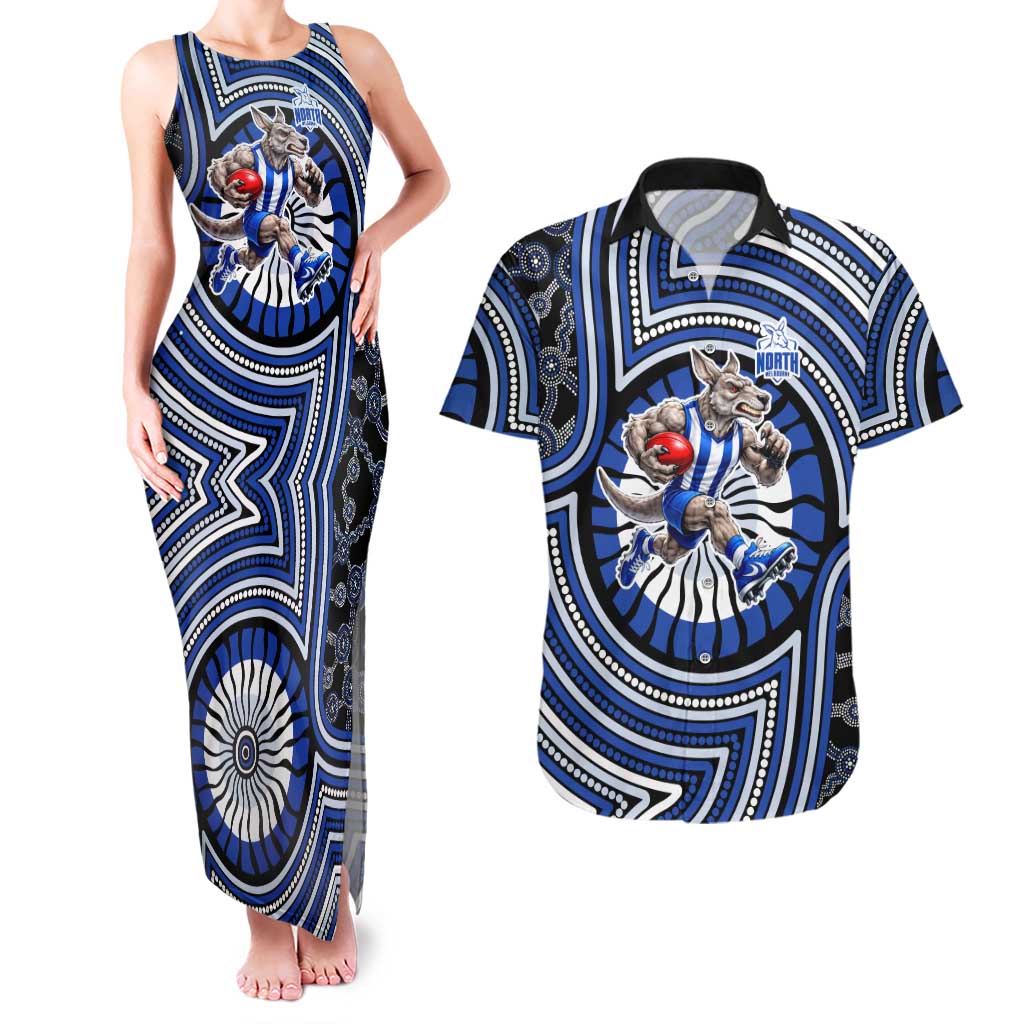 North Melbourne Kangaroos Couples Matching Tank Maxi Dress and Hawaiian Shirt Indigenous Monochrome Dot Art Mascot Style