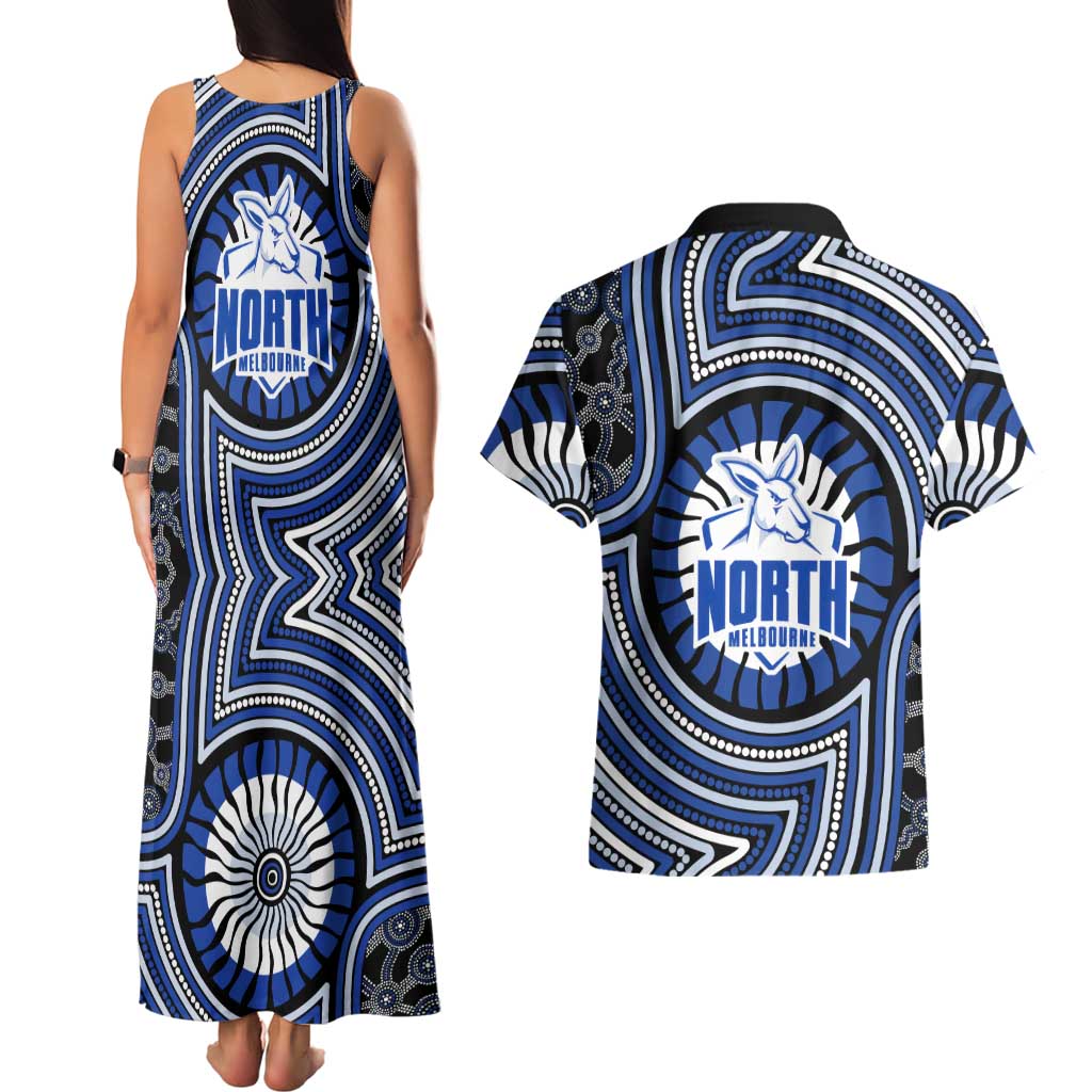 North Melbourne Kangaroos Couples Matching Tank Maxi Dress and Hawaiian Shirt Indigenous Monochrome Dot Art Mascot Style