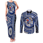 North Melbourne Kangaroos Couples Matching Tank Maxi Dress and Long Sleeve Button Shirt Indigenous Monochrome Dot Art Mascot Style