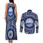 North Melbourne Kangaroos Couples Matching Tank Maxi Dress and Long Sleeve Button Shirt Indigenous Monochrome Dot Art Mascot Style