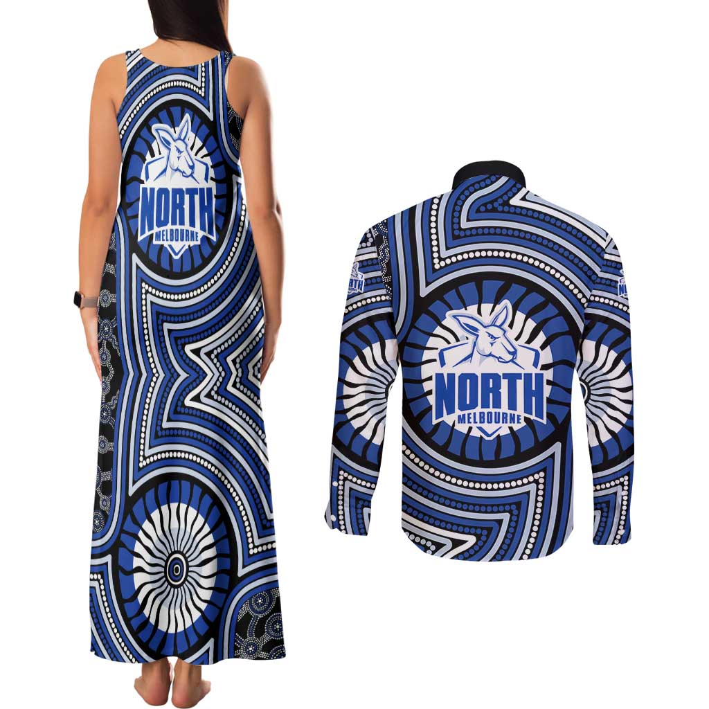 North Melbourne Kangaroos Couples Matching Tank Maxi Dress and Long Sleeve Button Shirt Indigenous Monochrome Dot Art Mascot Style