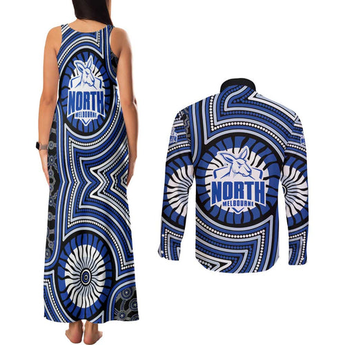 North Melbourne Kangaroos Couples Matching Tank Maxi Dress and Long Sleeve Button Shirt Indigenous Monochrome Dot Art Mascot Style