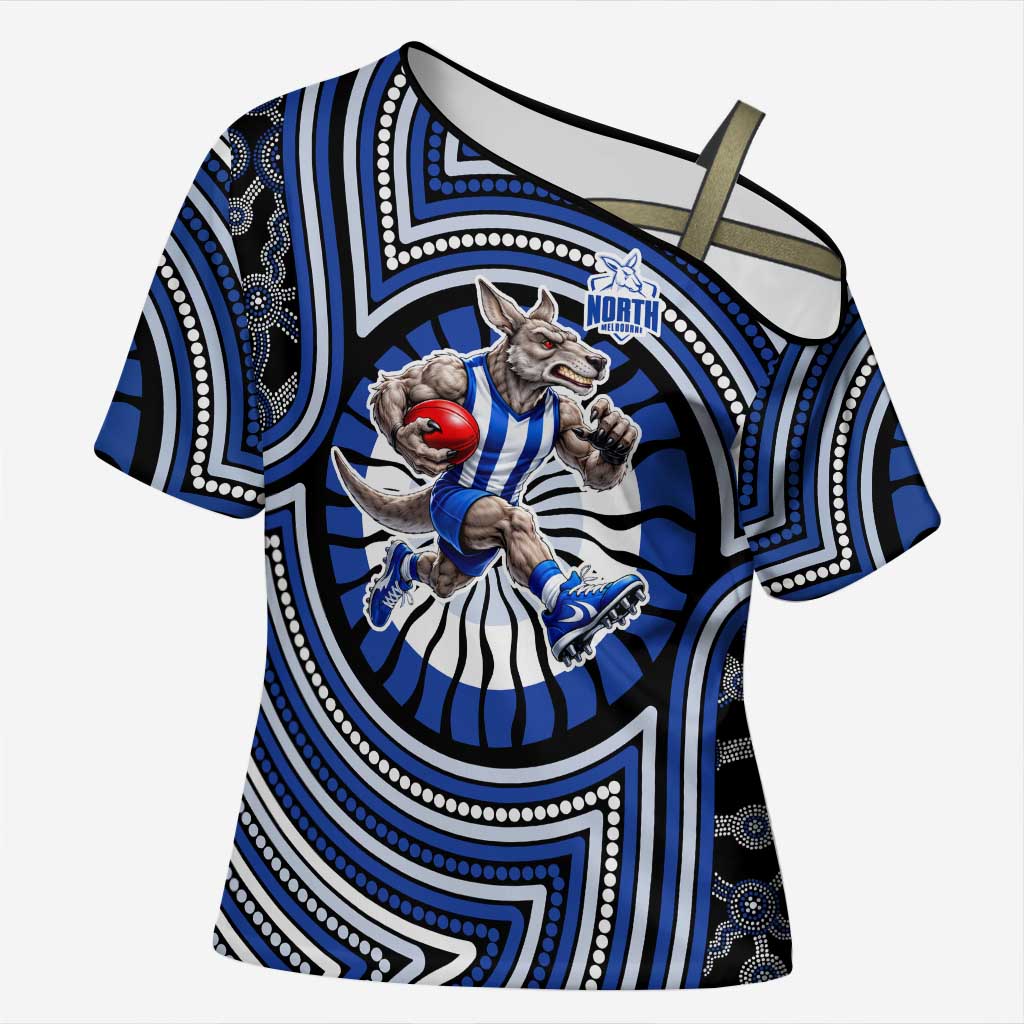 North Melbourne Kangaroos Cross Shoulder Shirt Indigenous Monochrome Dot Art Mascot Style