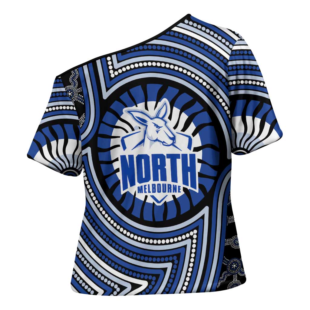 North Melbourne Kangaroos Cross Shoulder Shirt Indigenous Monochrome Dot Art Mascot Style