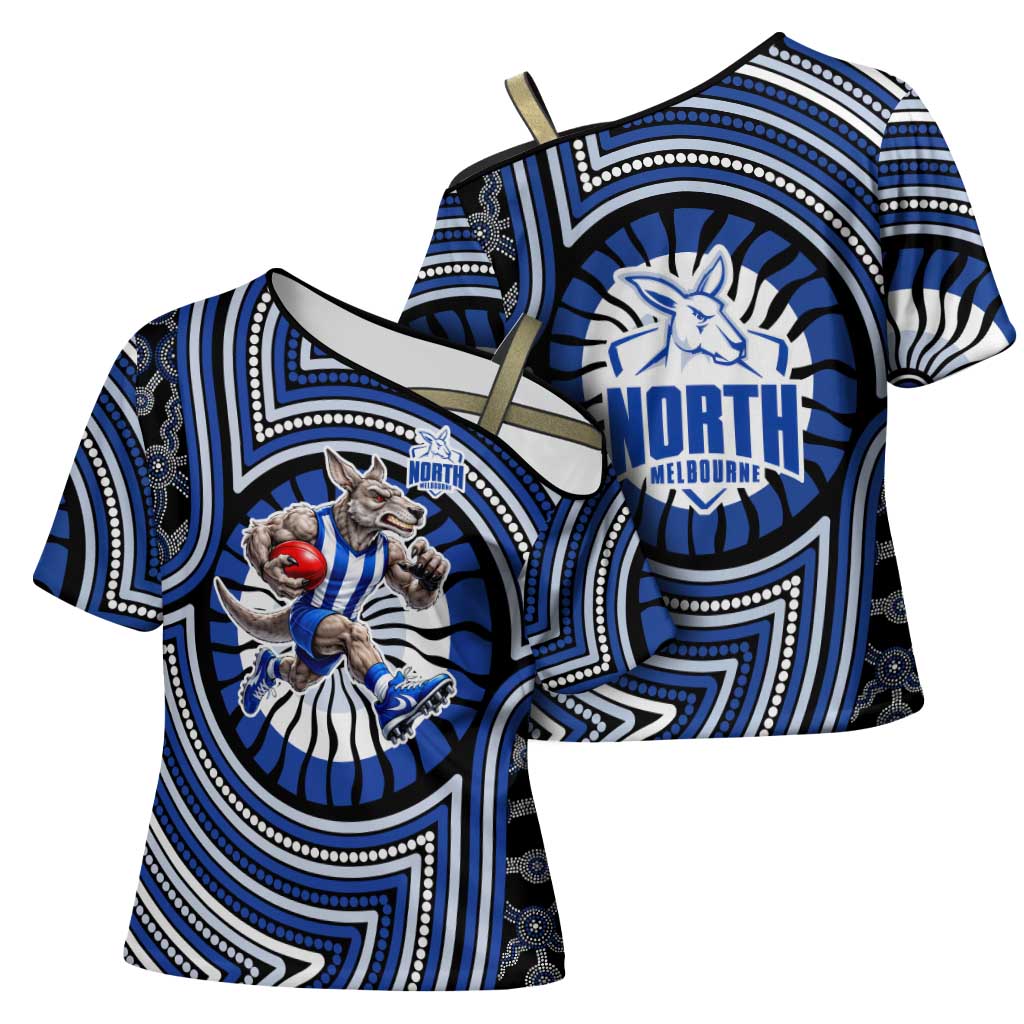 North Melbourne Kangaroos Cross Shoulder Shirt Indigenous Monochrome Dot Art Mascot Style