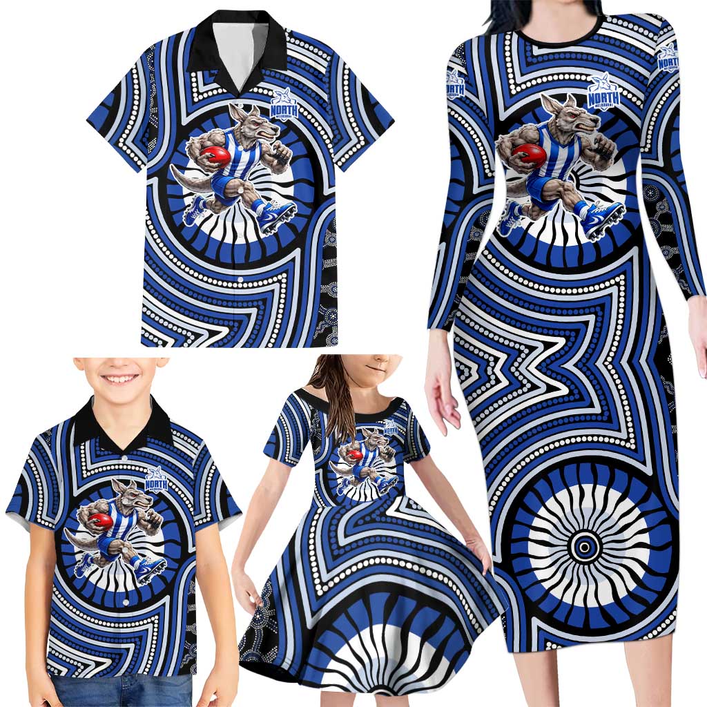 North Melbourne Kangaroos Family Matching Long Sleeve Bodycon Dress and Hawaiian Shirt Indigenous Monochrome Dot Art Mascot Style