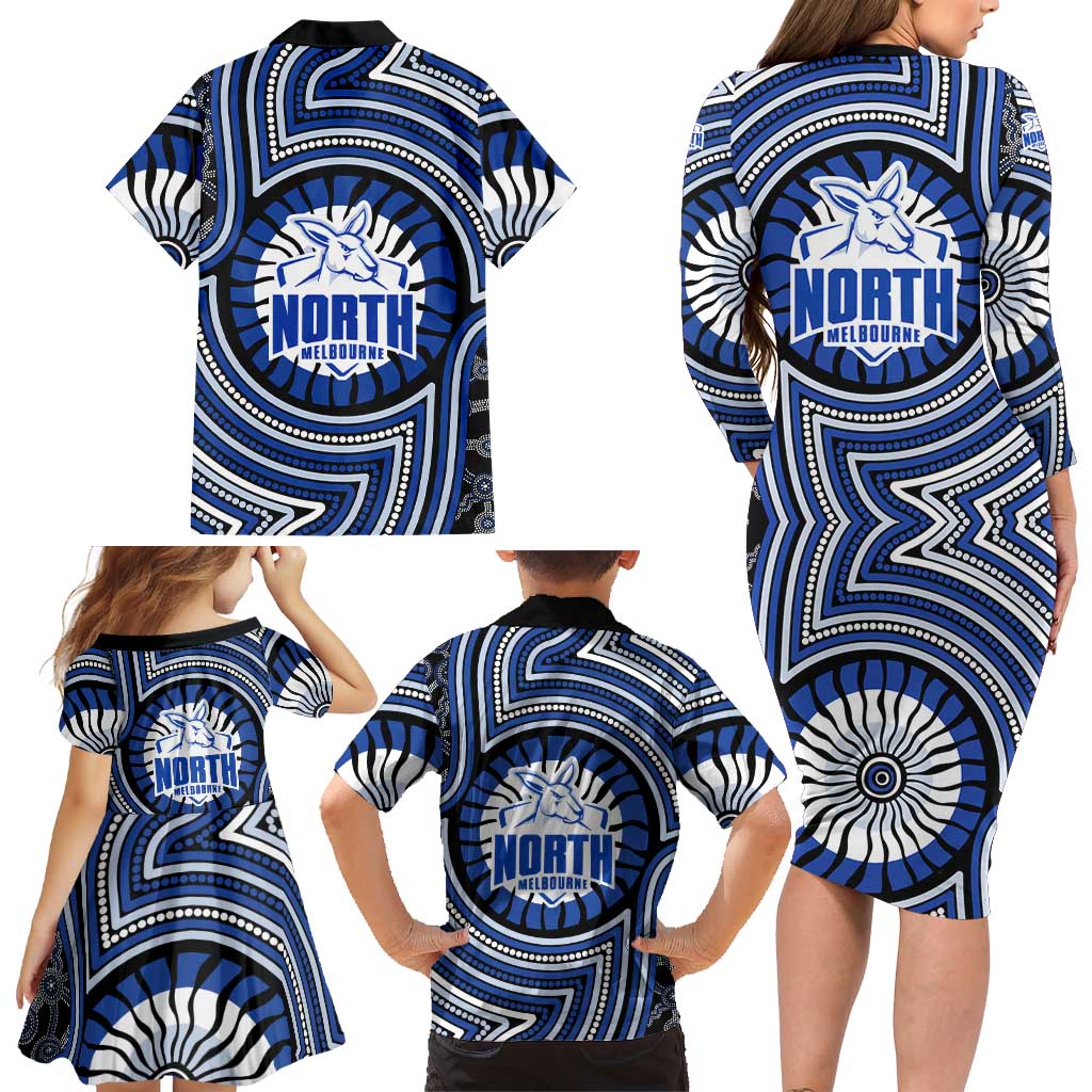 North Melbourne Kangaroos Family Matching Long Sleeve Bodycon Dress and Hawaiian Shirt Indigenous Monochrome Dot Art Mascot Style