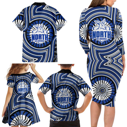 North Melbourne Kangaroos Family Matching Long Sleeve Bodycon Dress and Hawaiian Shirt Indigenous Monochrome Dot Art Mascot Style