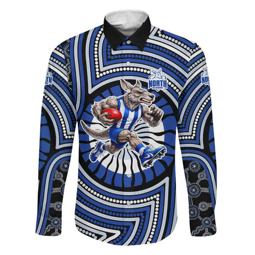 North Melbourne Kangaroos Family Matching Long Sleeve Bodycon Dress and Hawaiian Shirt Indigenous Monochrome Dot Art Mascot Style