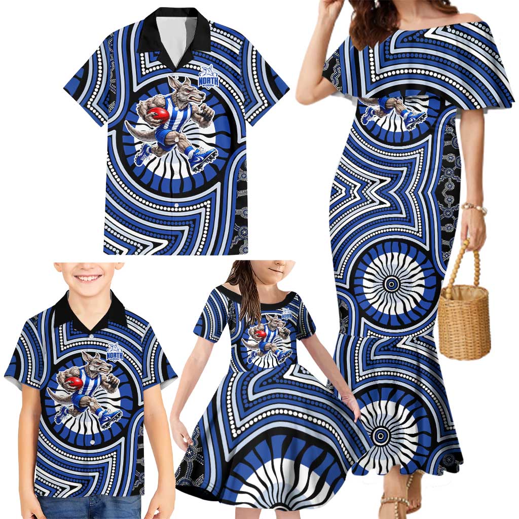 North Melbourne Kangaroos Family Matching Mermaid Dress and Hawaiian Shirt Indigenous Monochrome Dot Art Mascot Style