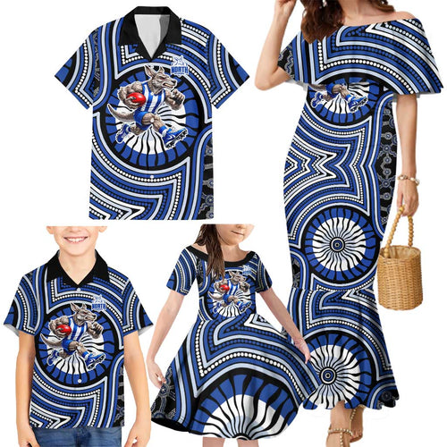 North Melbourne Kangaroos Family Matching Mermaid Dress and Hawaiian Shirt Indigenous Monochrome Dot Art Mascot Style