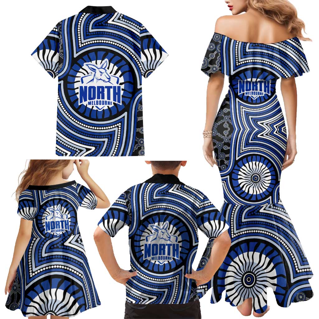 North Melbourne Kangaroos Family Matching Mermaid Dress and Hawaiian Shirt Indigenous Monochrome Dot Art Mascot Style