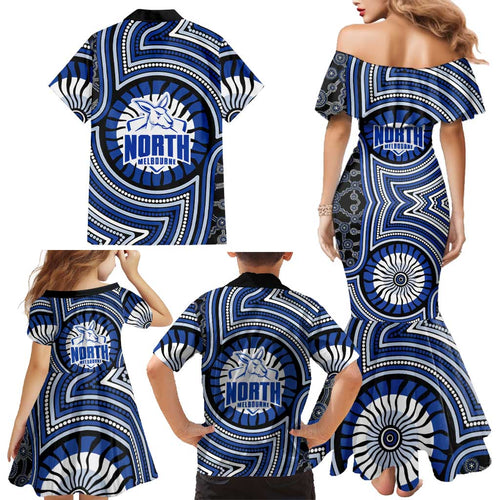 North Melbourne Kangaroos Family Matching Mermaid Dress and Hawaiian Shirt Indigenous Monochrome Dot Art Mascot Style