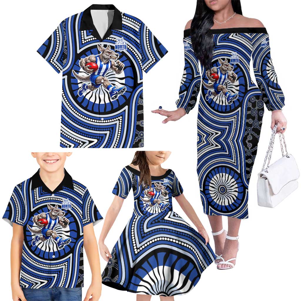 North Melbourne Kangaroos Family Matching Off The Shoulder Long Sleeve Dress and Hawaiian Shirt Indigenous Monochrome Dot Art Mascot Style