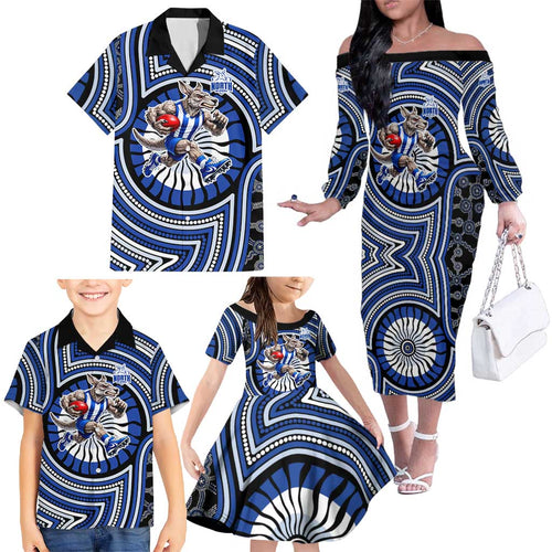 North Melbourne Kangaroos Family Matching Off The Shoulder Long Sleeve Dress and Hawaiian Shirt Indigenous Monochrome Dot Art Mascot Style