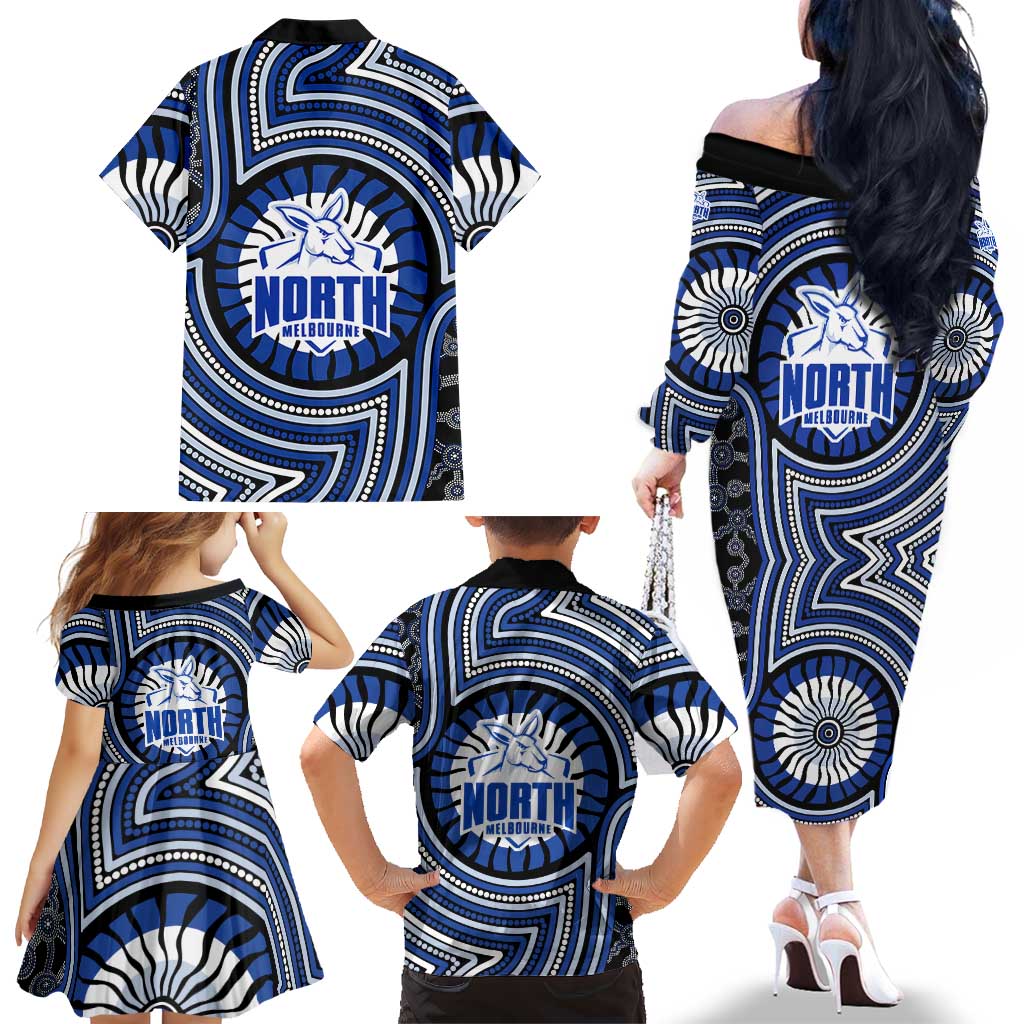 North Melbourne Kangaroos Family Matching Off The Shoulder Long Sleeve Dress and Hawaiian Shirt Indigenous Monochrome Dot Art Mascot Style