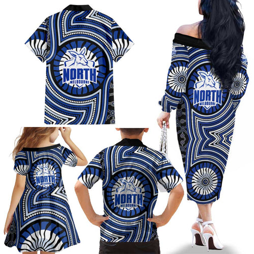 North Melbourne Kangaroos Family Matching Off The Shoulder Long Sleeve Dress and Hawaiian Shirt Indigenous Monochrome Dot Art Mascot Style