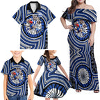 North Melbourne Kangaroos Family Matching Off Shoulder Maxi Dress and Hawaiian Shirt Indigenous Monochrome Dot Art Mascot Style