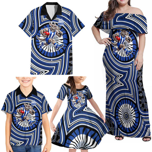North Melbourne Kangaroos Family Matching Off Shoulder Maxi Dress and Hawaiian Shirt Indigenous Monochrome Dot Art Mascot Style