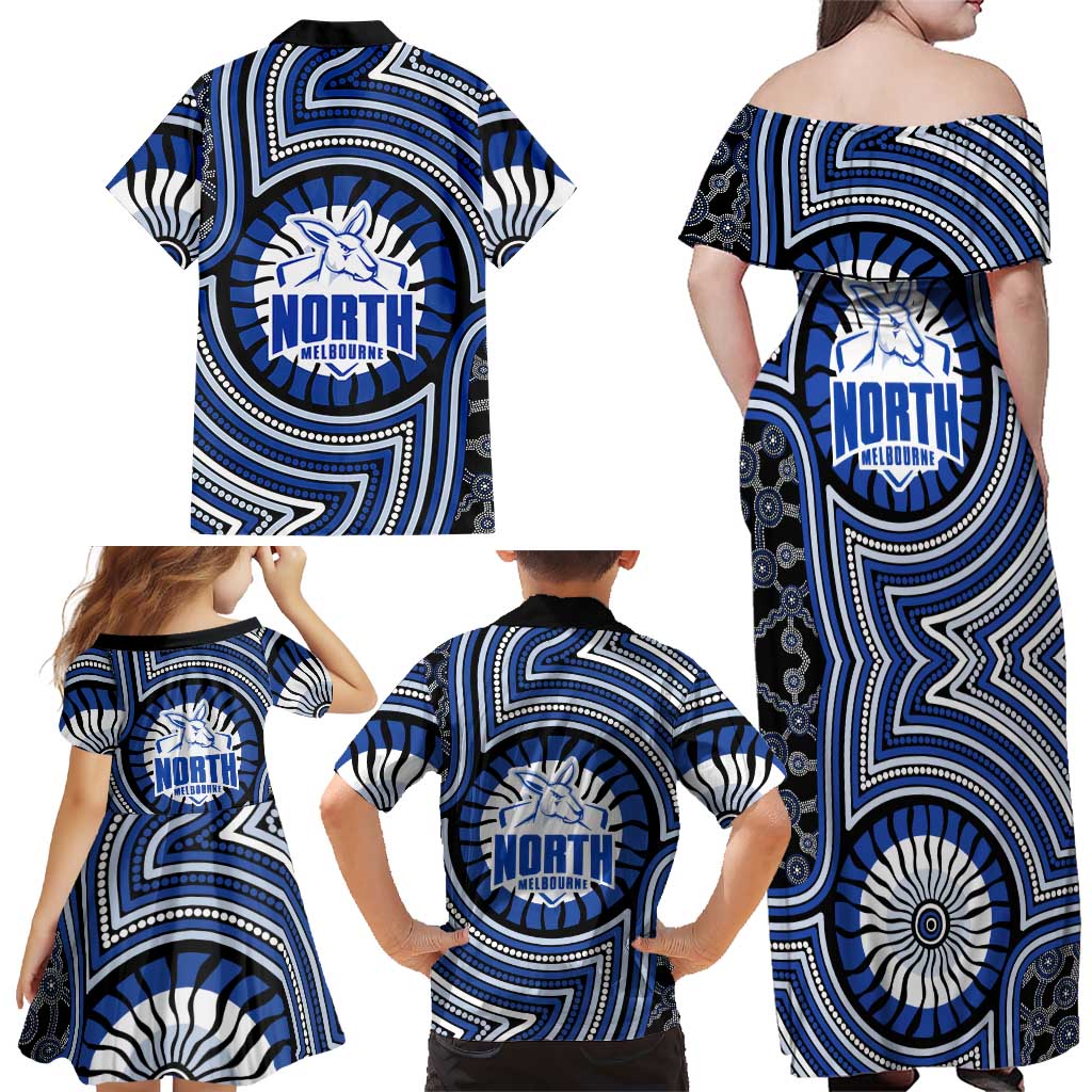 North Melbourne Kangaroos Family Matching Off Shoulder Maxi Dress and Hawaiian Shirt Indigenous Monochrome Dot Art Mascot Style