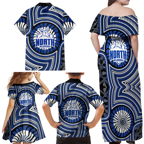 North Melbourne Kangaroos Family Matching Off Shoulder Maxi Dress and Hawaiian Shirt Indigenous Monochrome Dot Art Mascot Style