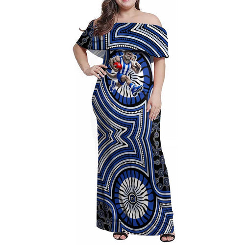 North Melbourne Kangaroos Family Matching Off Shoulder Maxi Dress and Hawaiian Shirt Indigenous Monochrome Dot Art Mascot Style