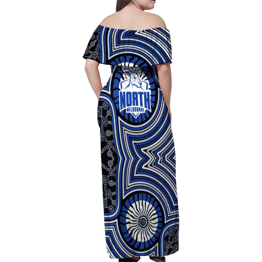 North Melbourne Kangaroos Family Matching Off Shoulder Maxi Dress and Hawaiian Shirt Indigenous Monochrome Dot Art Mascot Style