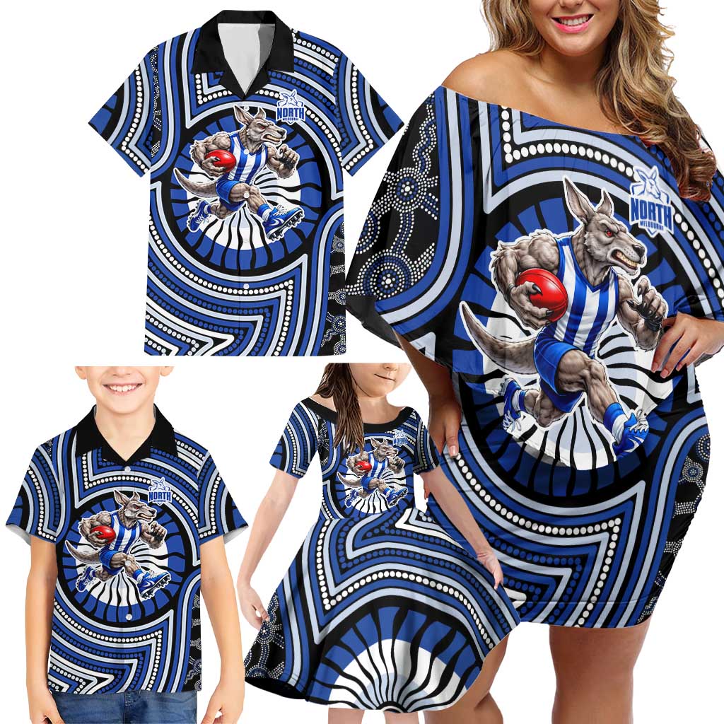 North Melbourne Kangaroos Family Matching Off Shoulder Short Dress and Hawaiian Shirt Indigenous Monochrome Dot Art Mascot Style