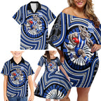 North Melbourne Kangaroos Family Matching Off Shoulder Short Dress and Hawaiian Shirt Indigenous Monochrome Dot Art Mascot Style
