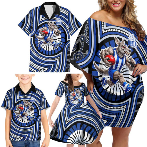 North Melbourne Kangaroos Family Matching Off Shoulder Short Dress and Hawaiian Shirt Indigenous Monochrome Dot Art Mascot Style