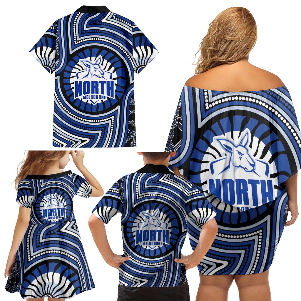 North Melbourne Kangaroos Family Matching Off Shoulder Short Dress and Hawaiian Shirt Indigenous Monochrome Dot Art Mascot Style